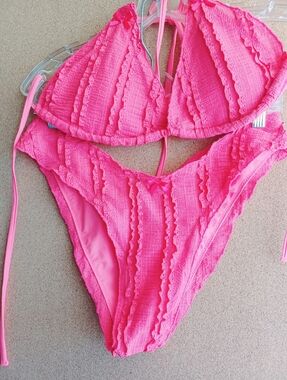 Seamoly Women's Pink Ruffle Triangle Bikini Set L